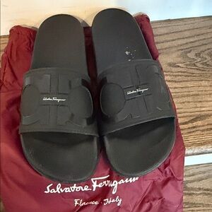 Salvatore Ferragamo Black Logo Slide Sandals with Signature Plaque